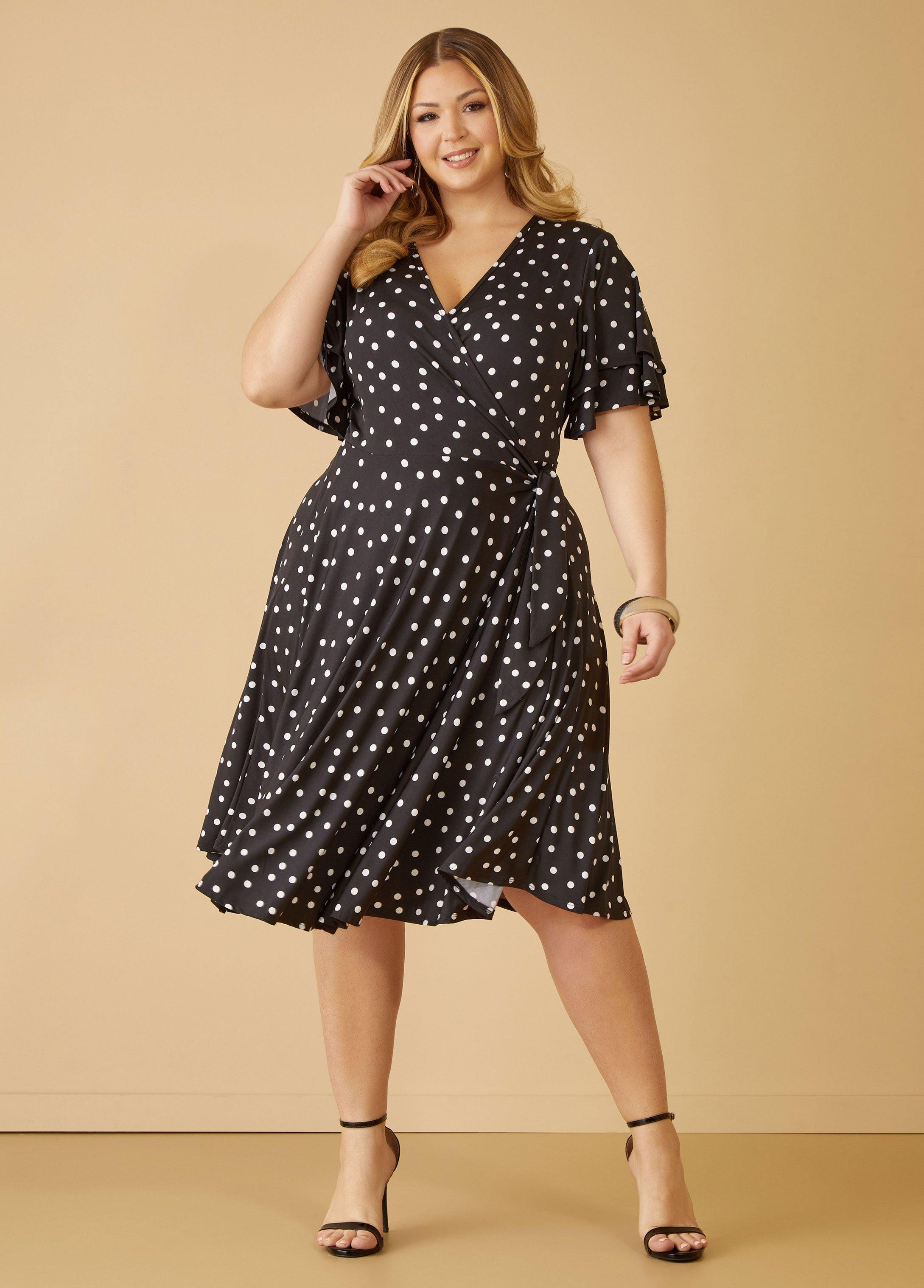 Plus Size Polka Dot Wrap Dress, - Ashley Stewart Product Image