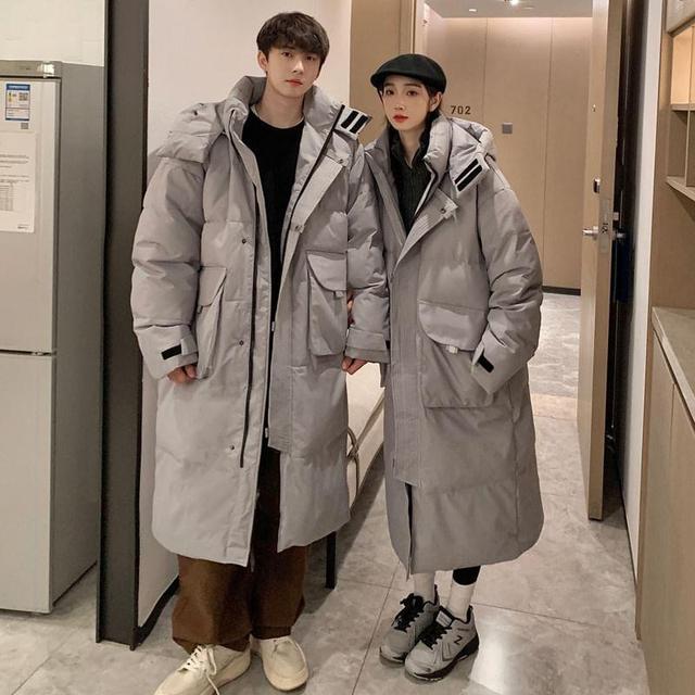 Couple Matching Stand Collar Plain Hood Midi Zip Puffer Coat Product Image