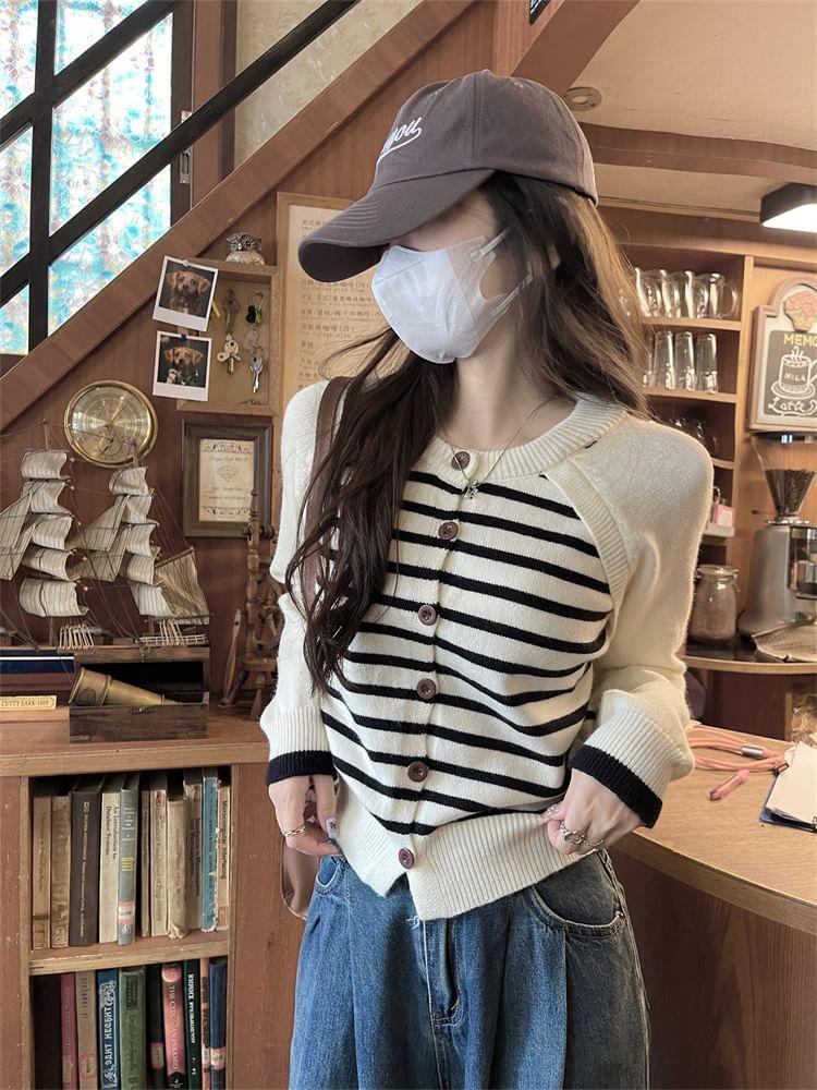 Crew Neck Striped Raglan Button-Up Cardigan Product Image