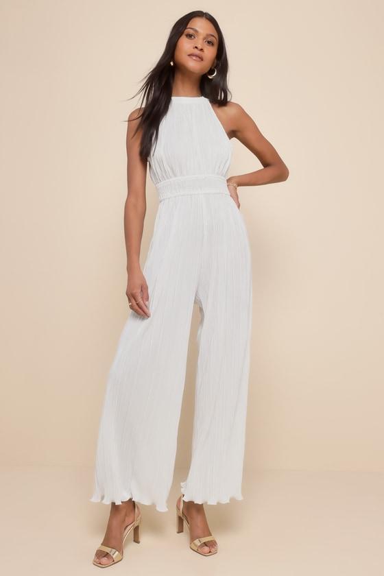 Flawless Mindset Ivory Satin Plisse Tie-Back Jumpsuit Product Image