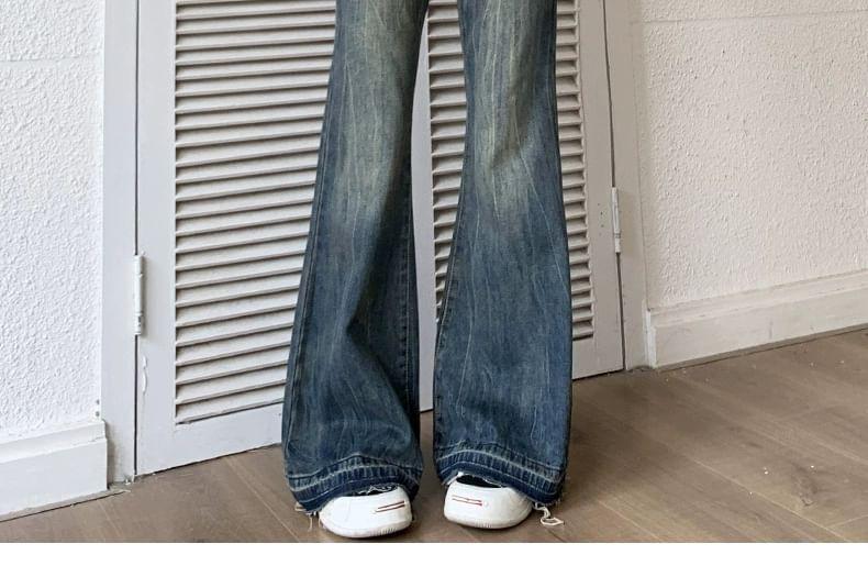 High Waist Washed Fray Flared Jeans Product Image