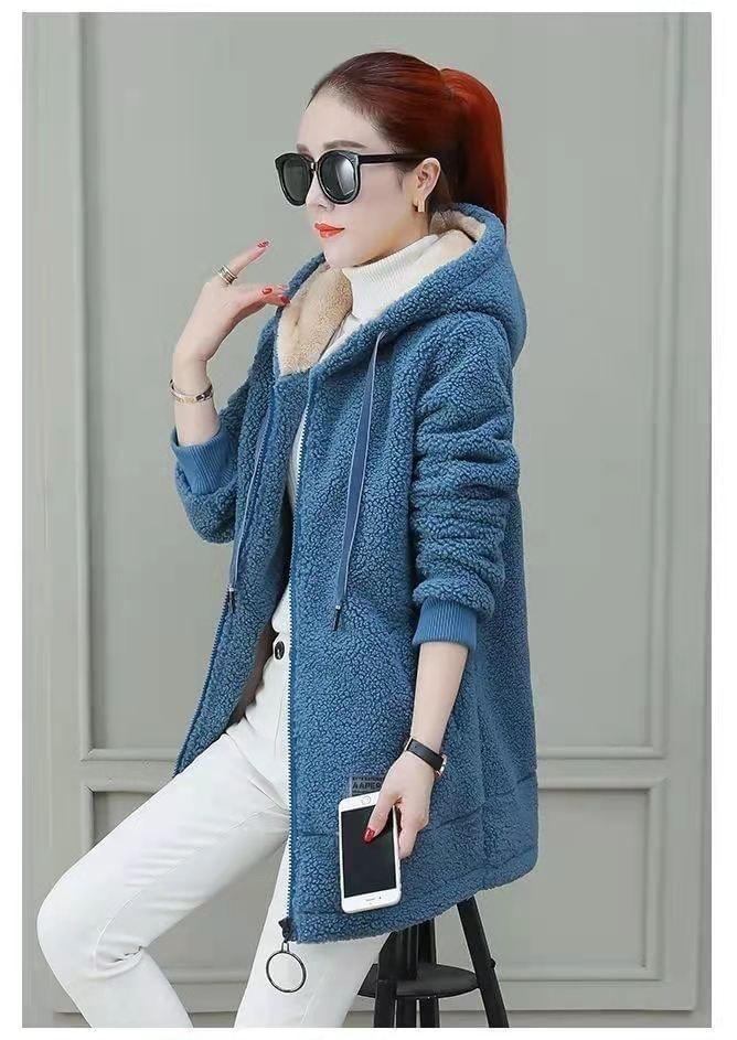 Plain Hooded Faux Shearling Long Zip Jacket Product Image