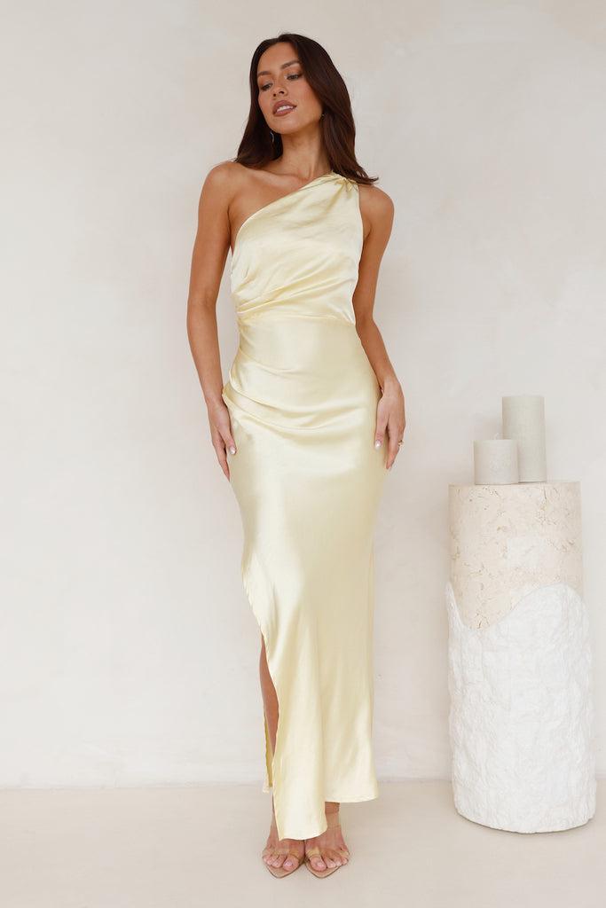 Luxe Charm One Shoulder Satin Maxi Dress Yellow Product Image