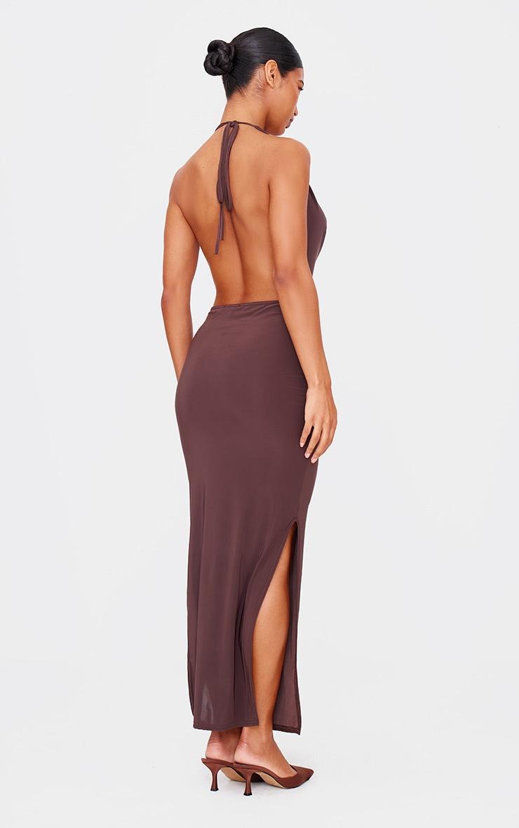 Chocolate Slinky Cowl Halterneck Maxi Dress Product Image