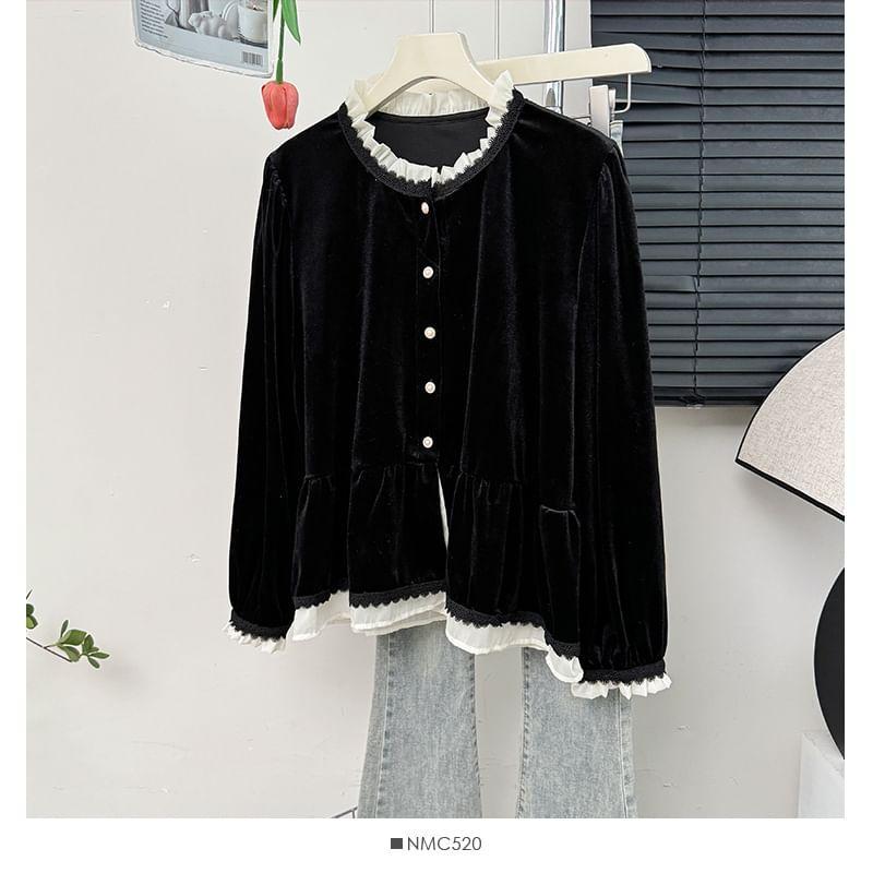 Contrast Ruffle-Trim Velvet Shirt Product Image