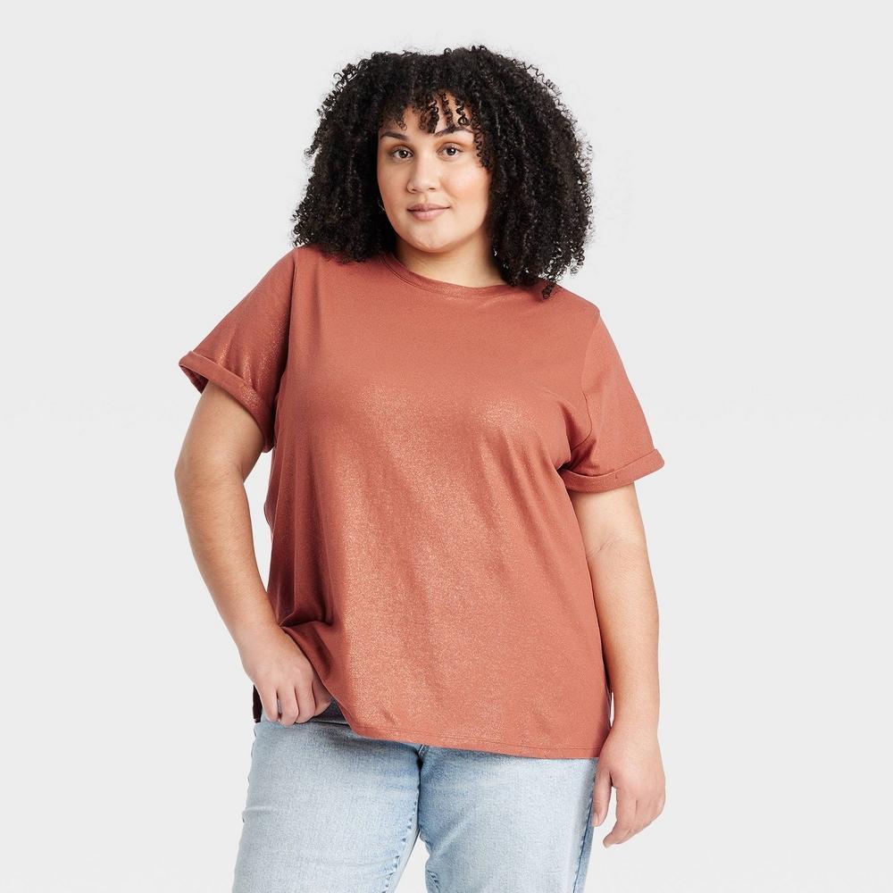 Womens Short Sleeve Rolled Cuff T-Shirt - Ava & Viv Brown 3X product image