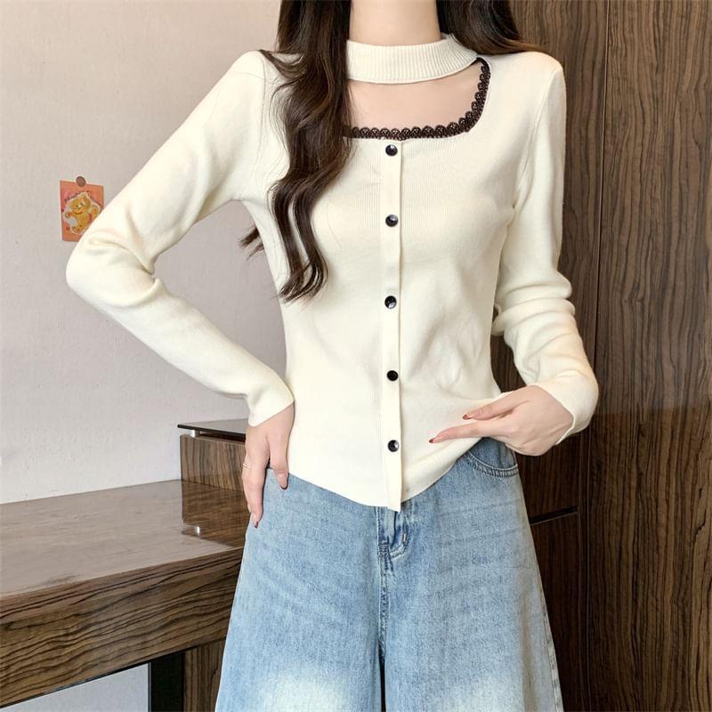 Long-Sleeve Mock Neck Cutout Lace Trim Button Knit Top Product Image