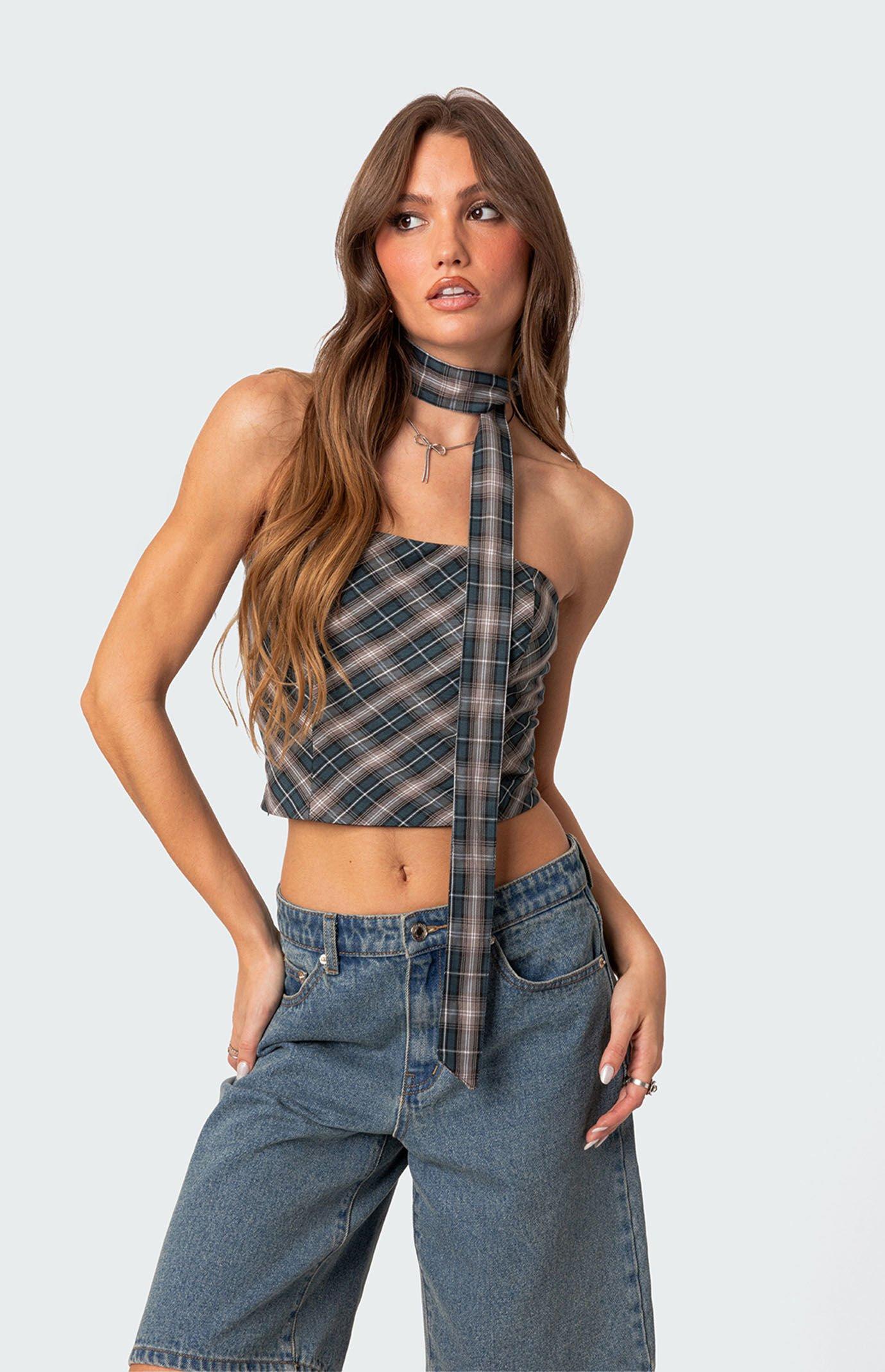 Edikted Women's Plaid Two Piece Scarf Top - Product Image