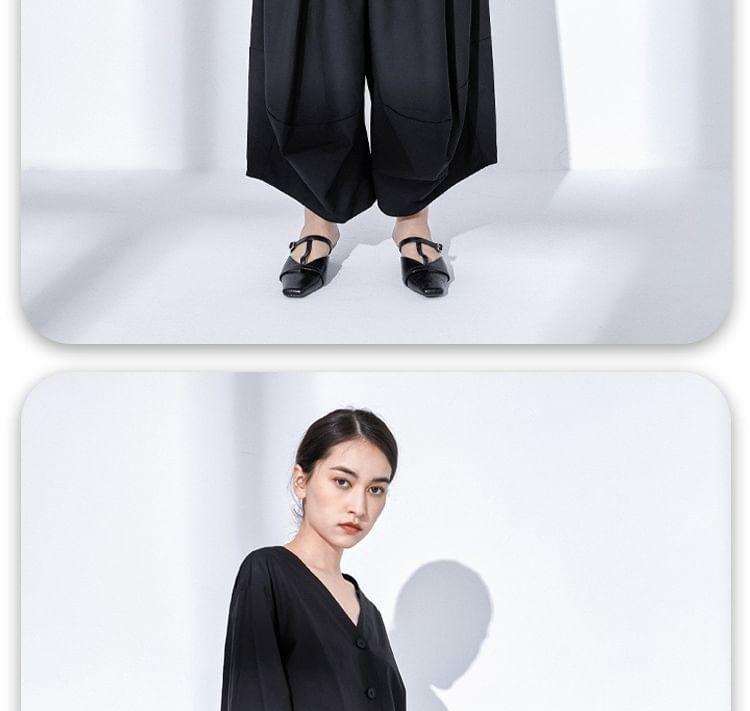 Long-Sleeve V-Neck Plain Button-Up Blouse Product Image