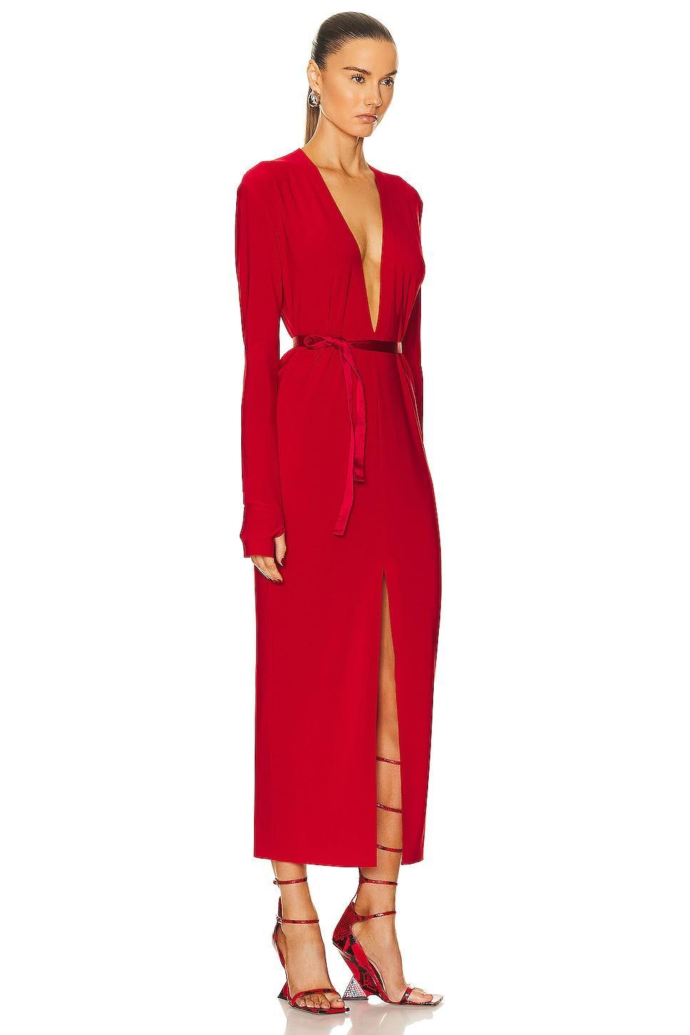 Norma Kamali Long Sleeve Deep V Neck Center Front Slit Gown in Red Product Image