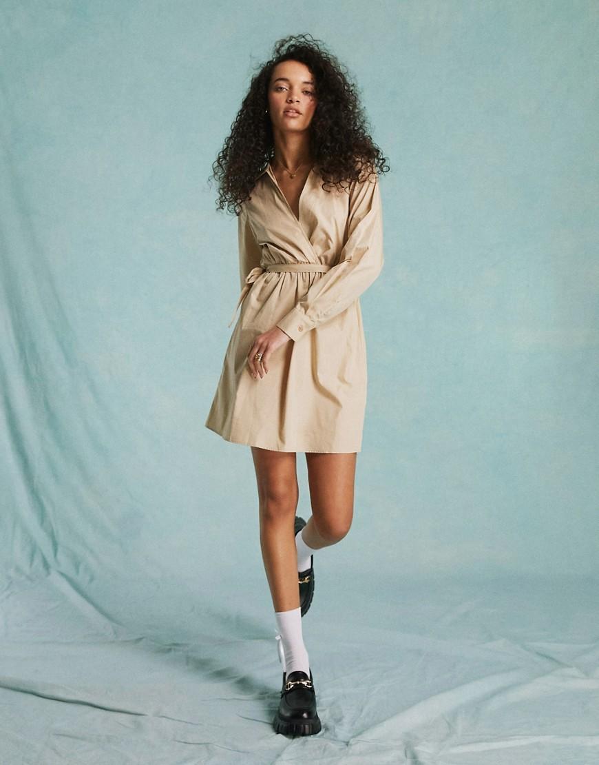 Miss Selfridge poplin ballet wrap mini shirt dress in stone Product Image