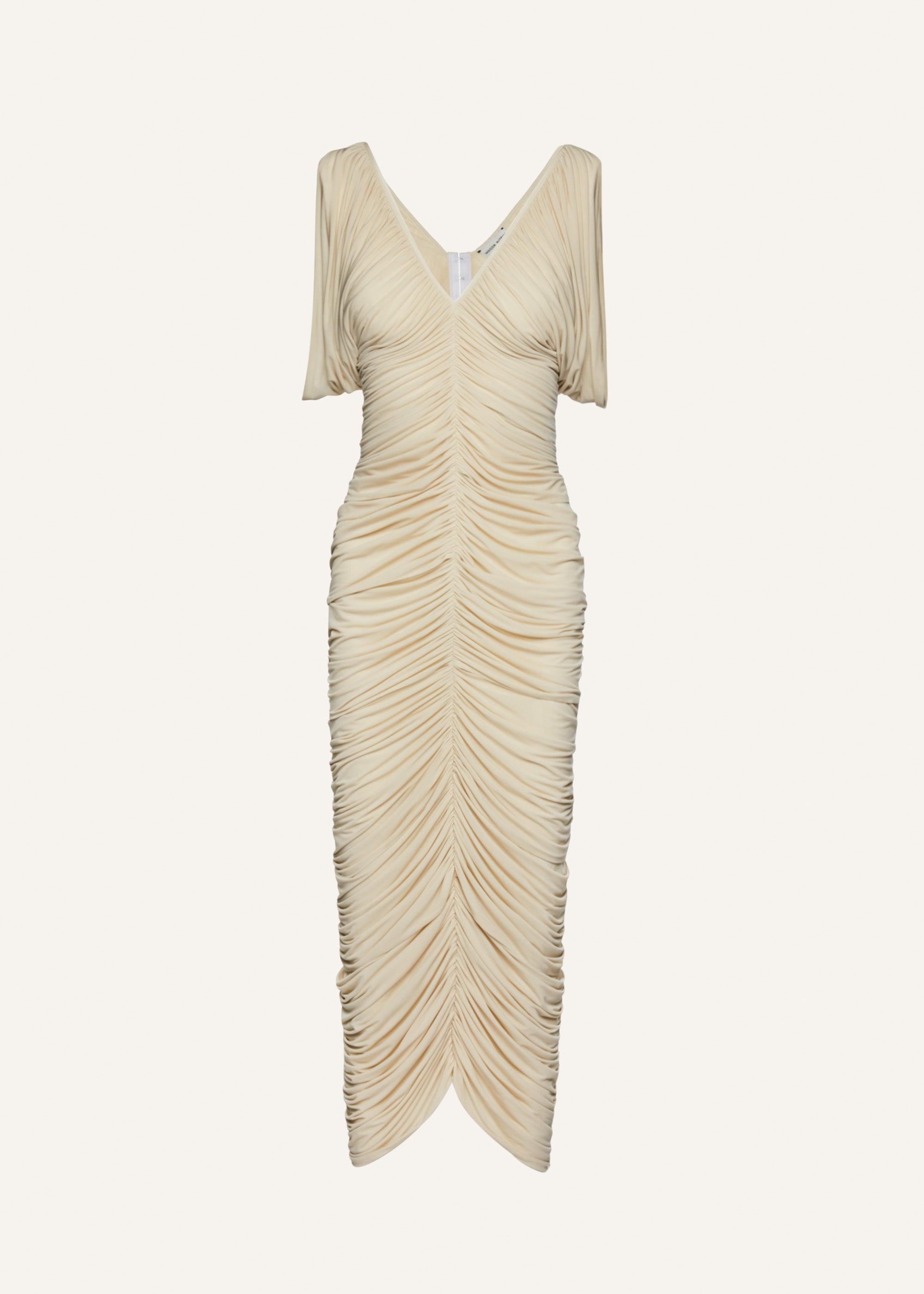 Ruched v neck midi dress in beige Product Image