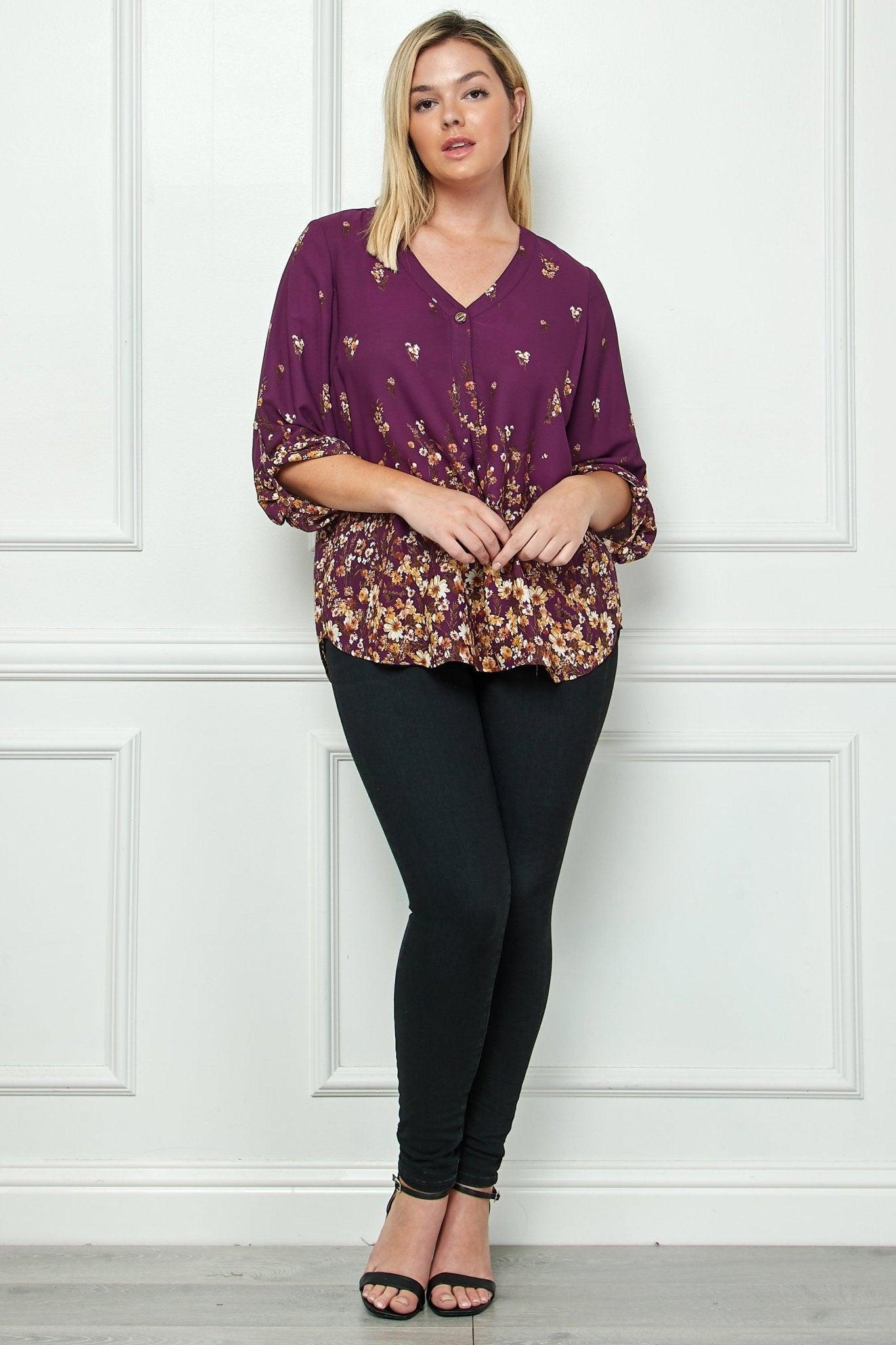 Plum 3/4 Button Tab Sleeve V Neck Popover - Plus Product Image