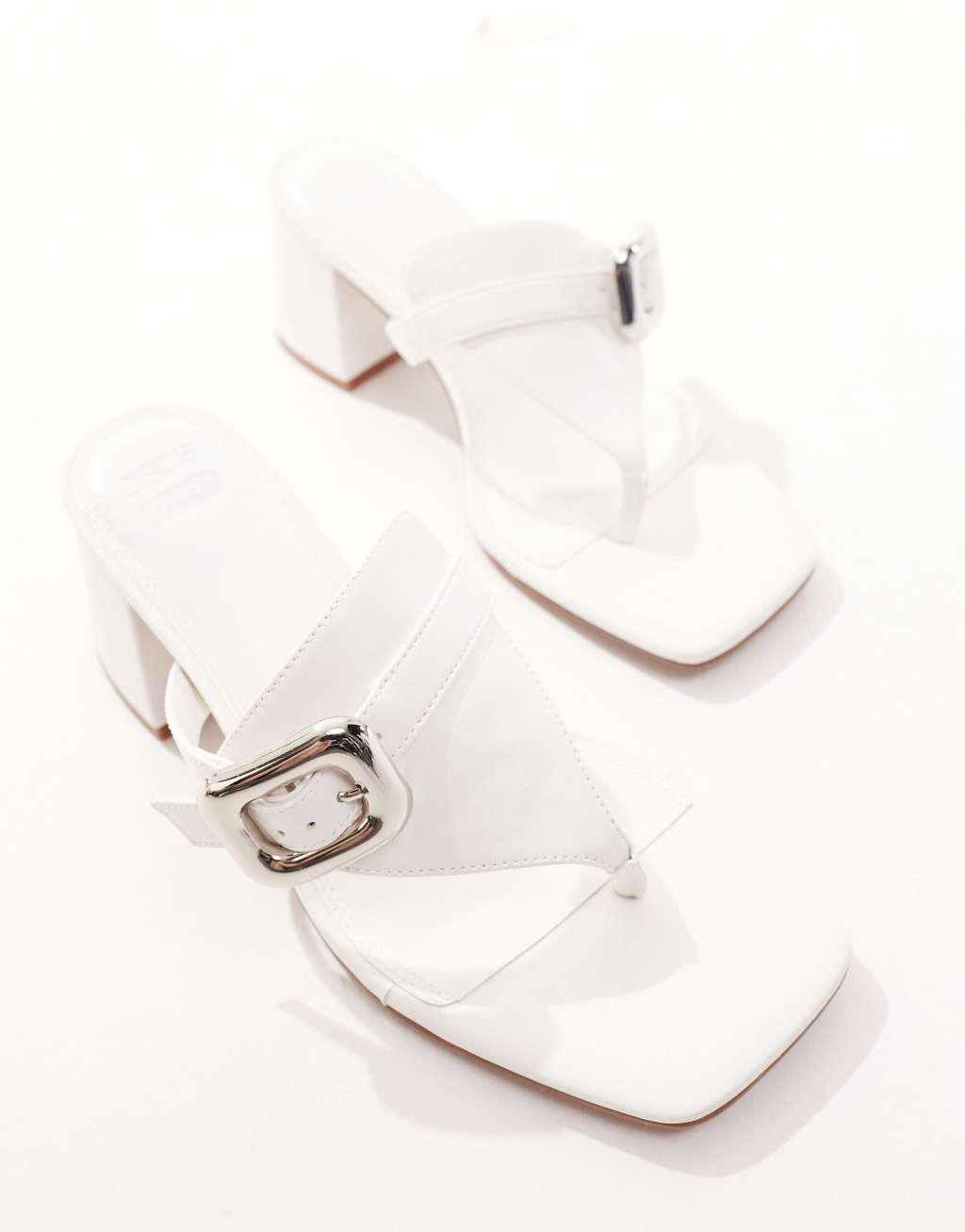 ASOS DESIGN Hickery buckle detail toe thong block heeled mid sandals in white Product Image