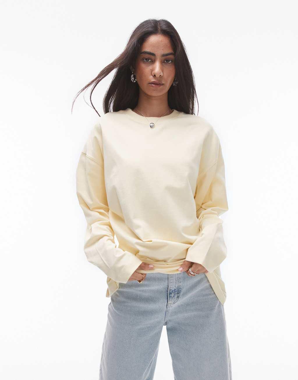 Topshop premium seam detail long sleeve skater tee in buttermilk product image