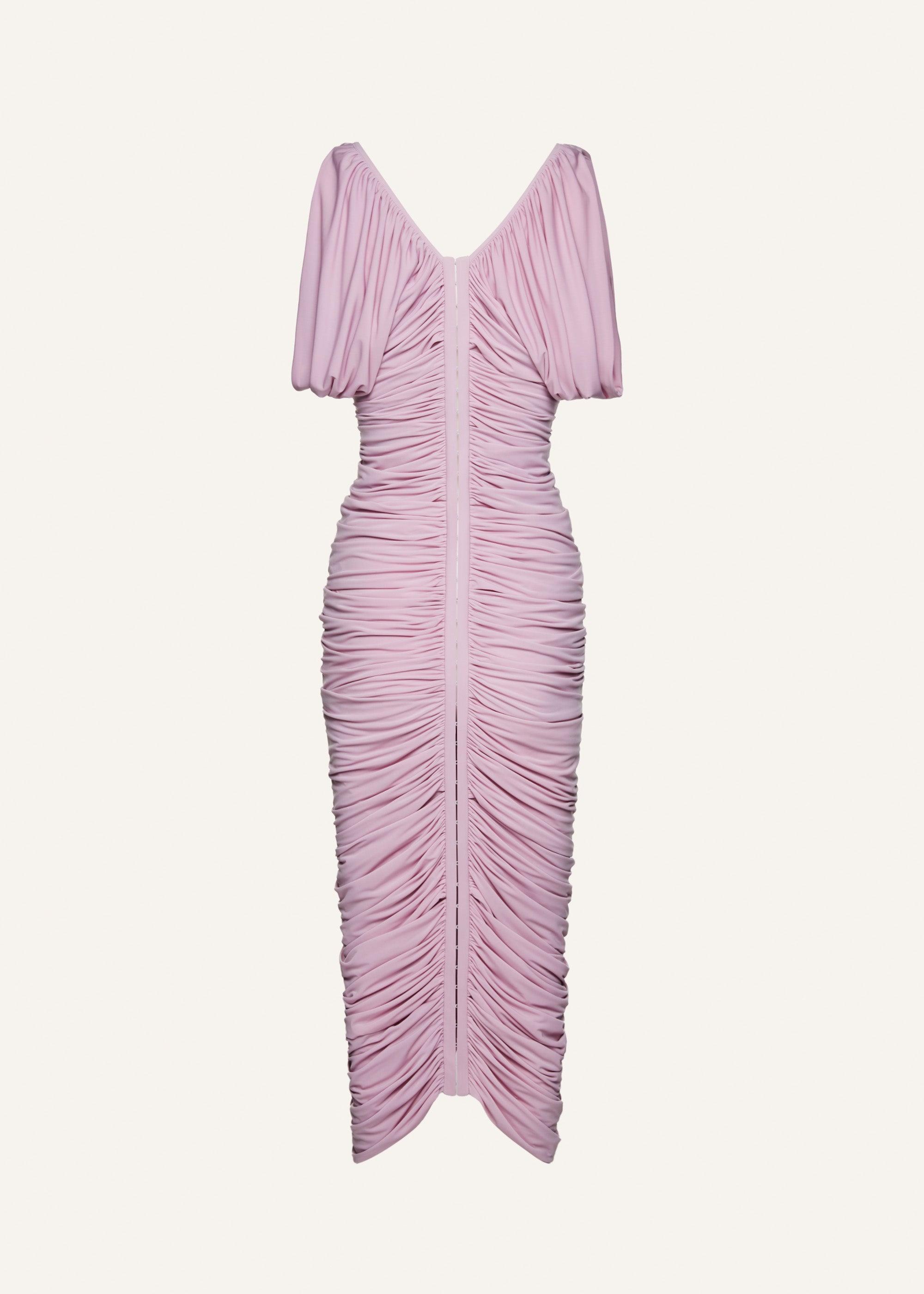 Ruched v neck midi dress in pink Product Image