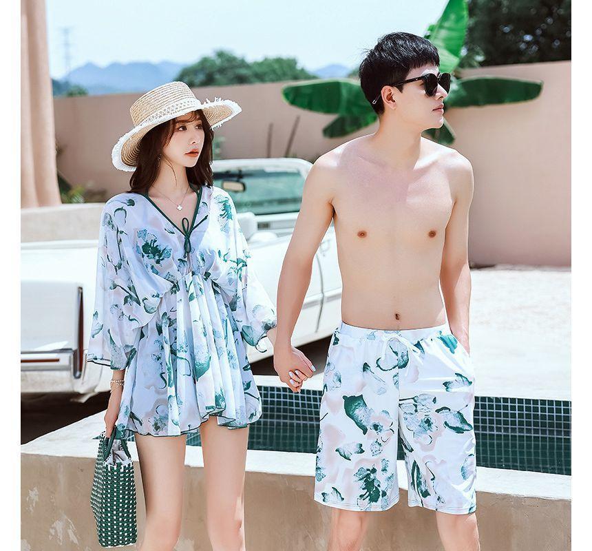 Couple Matching Print Swim Shorts / Bell-Sleeve Swim Dress / Bikini Top / Shorts / Set Product Image