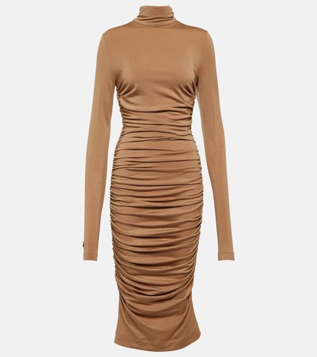 DOLCE & GABBANA Ruched Wool-blend Maxi Dress In Beige Product Image