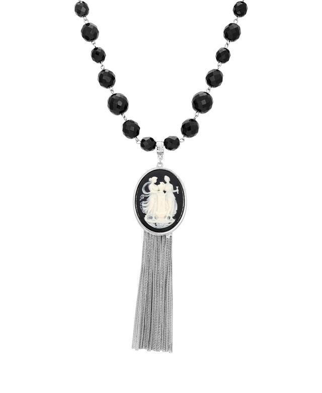 1928 Silver Tone Black Cameo Chain Fringe Drop Necklace, Womens, Turquoise/Blue Product Image