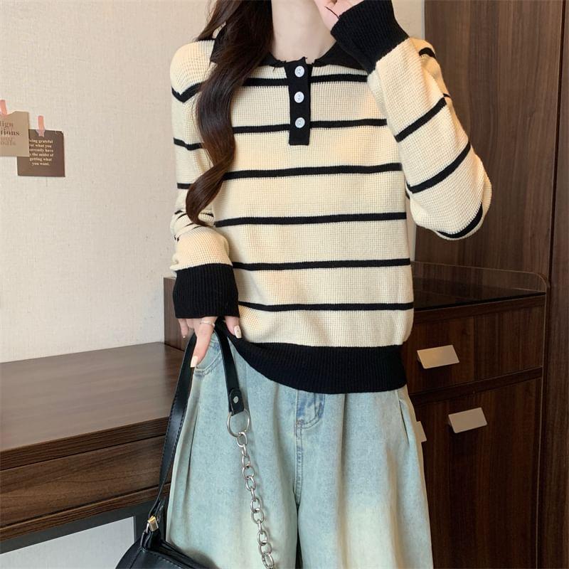 Long-Sleeve Striped Contrast Trim Knit Polo Shirt Product Image