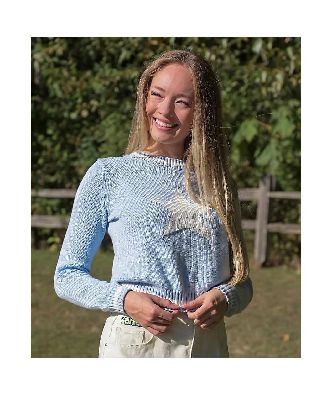 Cali 1850 Star Light Blue Long Sleeve Crop Sweater Product Image