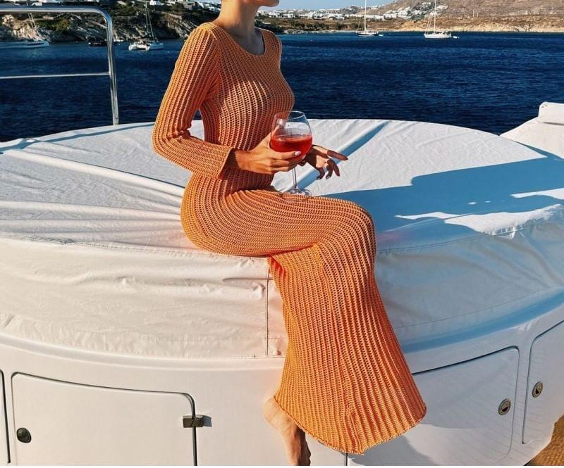 Long-Sleeve Crewneck Ribbed Knit Maxi Mermaid Dress Product Image