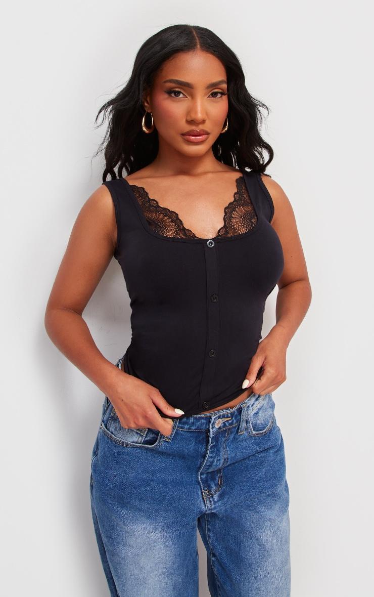 Black Snatched Sculpt Lace Trim Button Up Long Top Product Image