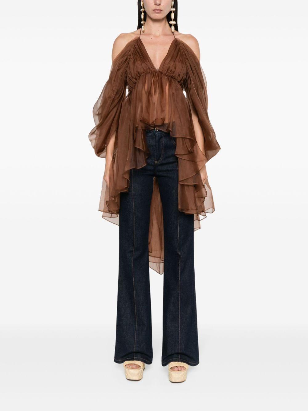 Sheer Silk Ruffled Blouse In Brown Product Image