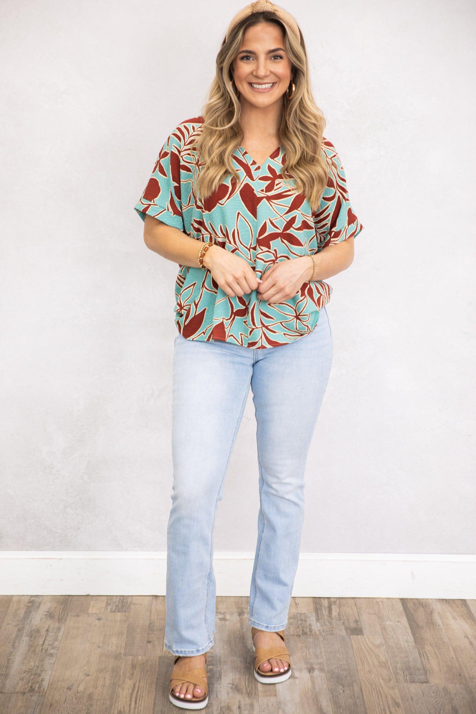 Light Teal and Rust Floral Woven Top Product Image