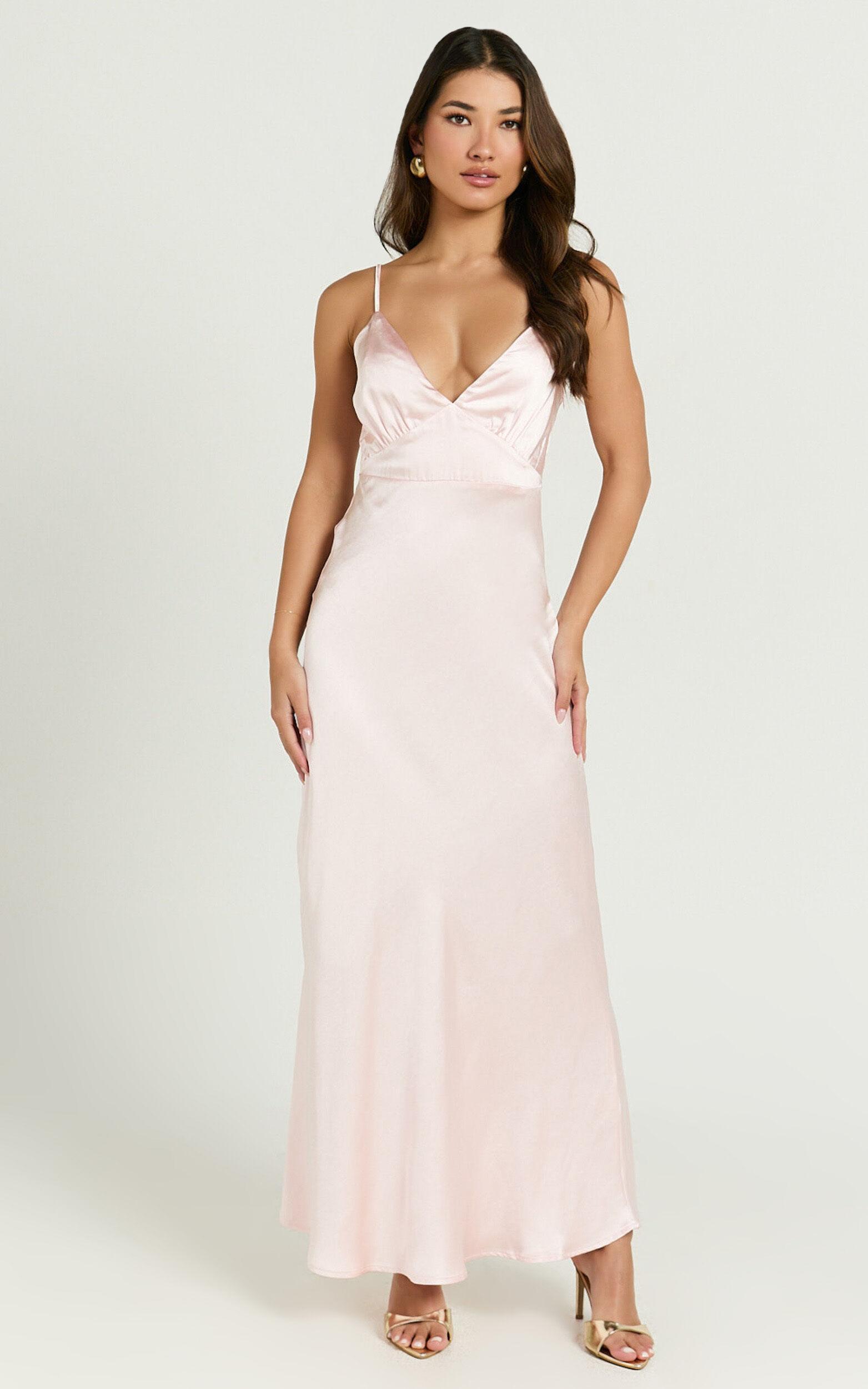 Lorenzia Maxi Dress - Plunge Corset Underbust Detail Satin Dress in Light Pink Product Image