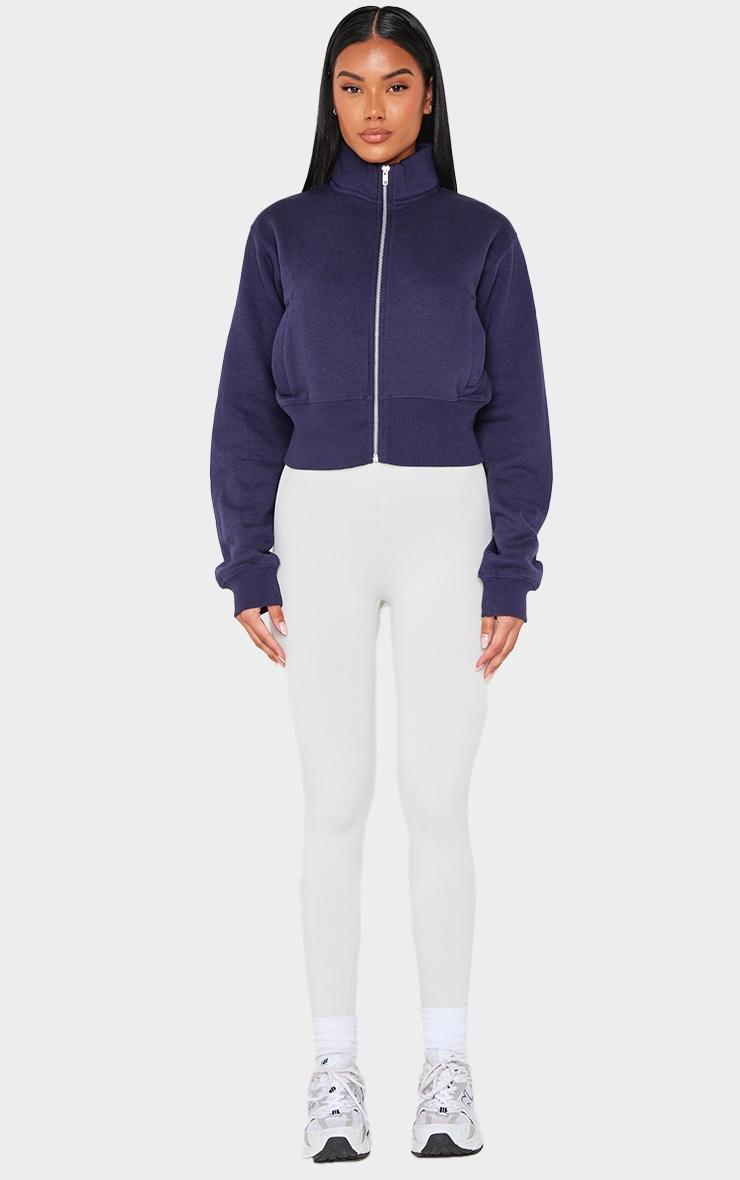 Navy Ribbed Hem High Neck Zip Up Sweatshirt Product Image