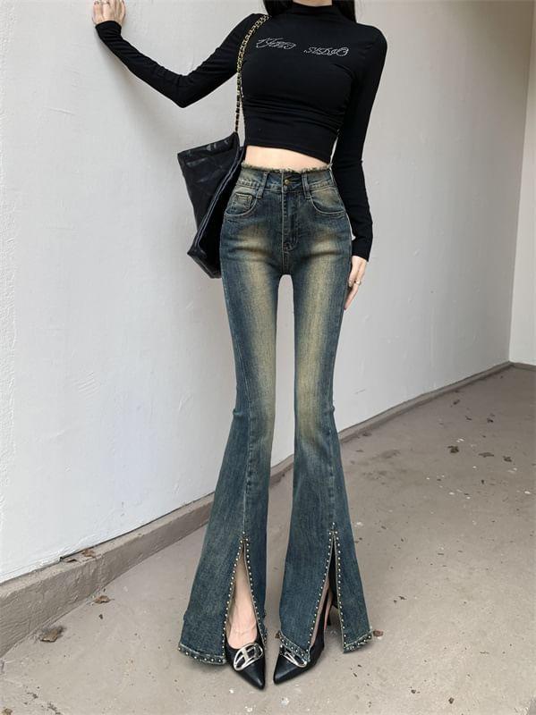 High Rise Studded Front-Slit Washed Flared Jeans Product Image