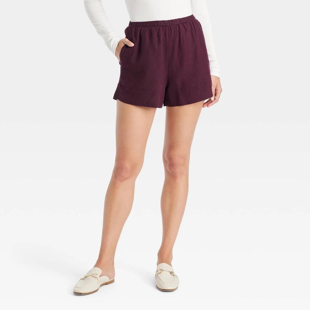 Womens High-Rise Linen Pull-On Shorts - A New Day Burgundy M Product Image