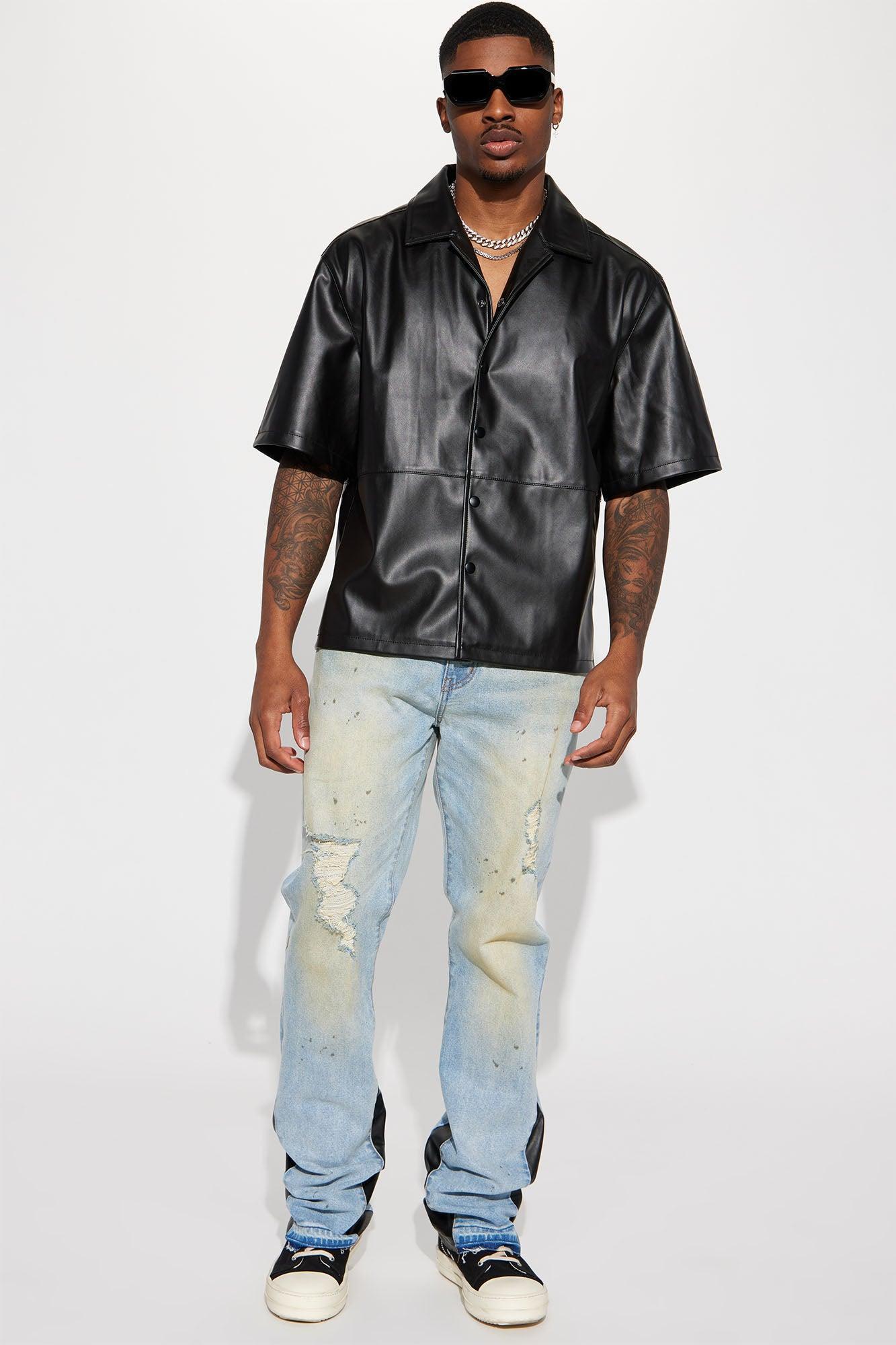 Slam Dunk Faux Leather Short Sleeve Button Up - Black Product Image