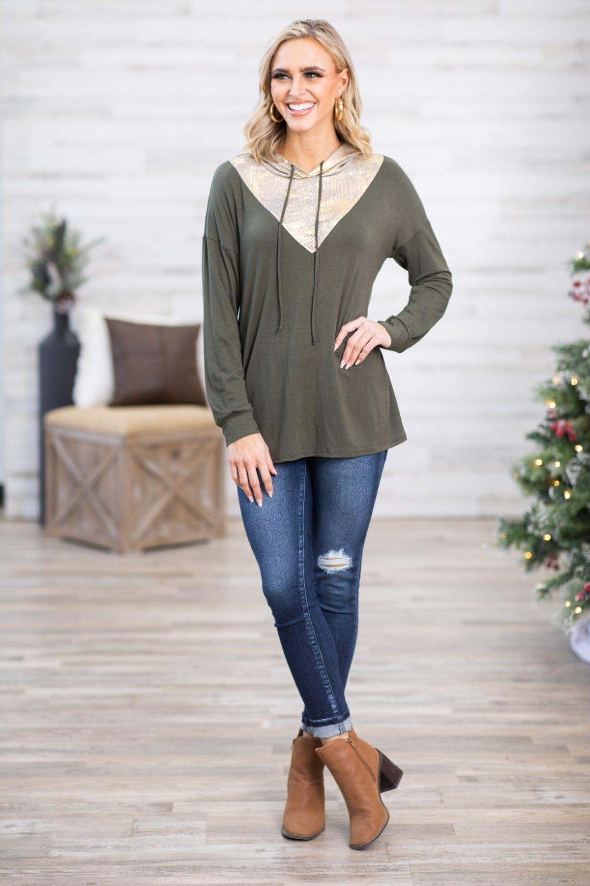 Olive and Gold Metallic Colorblock Hooded Top Product Image