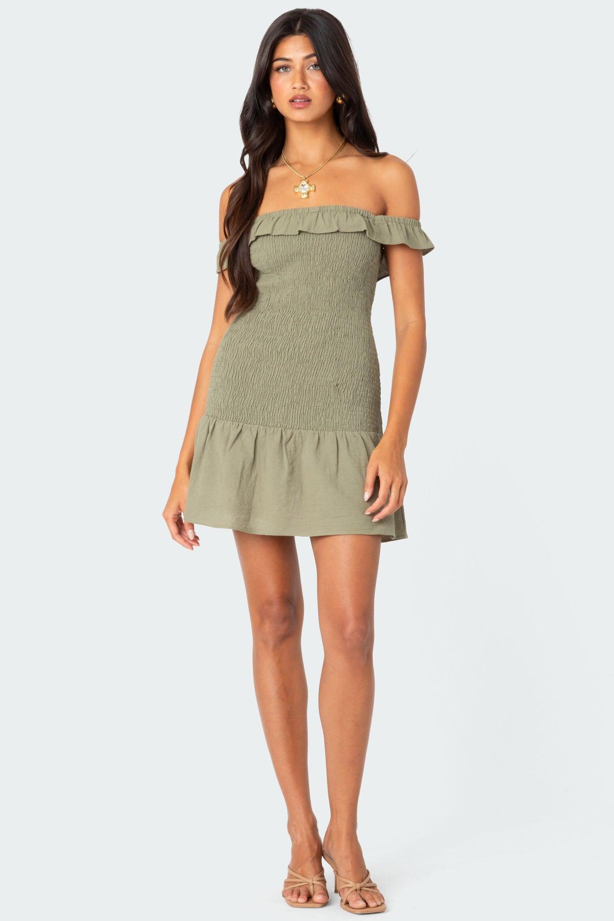 Off Shoulder Scrunched Linen Look Mini Dress Product Image