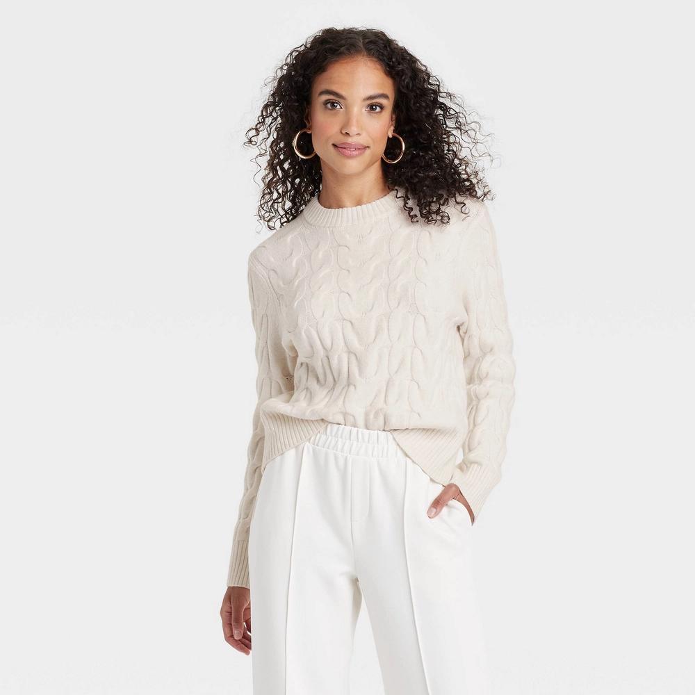 Women's Cable Crewneck Pullover Sweater - A New Day™ Oatmeal XS Product Image