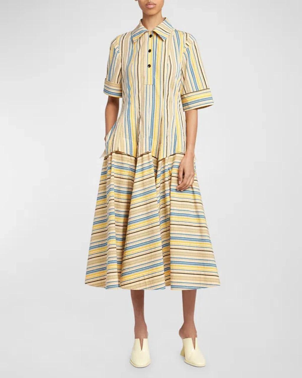 Optical Crinkle Check Short-sleeve Midi Shirtdress In Yellow/blue/black Product Image