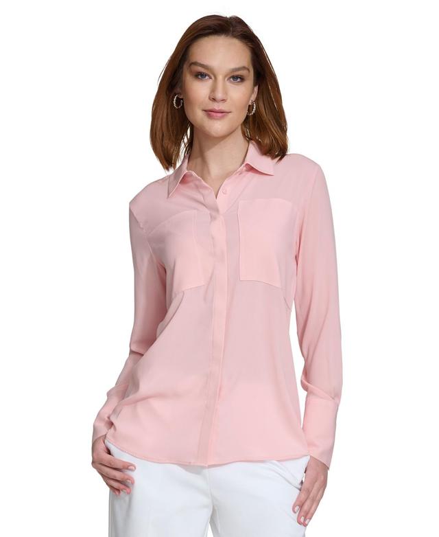 Calvin Klein Womens Collared Button-Front Long-Sleeve Blouse Product Image