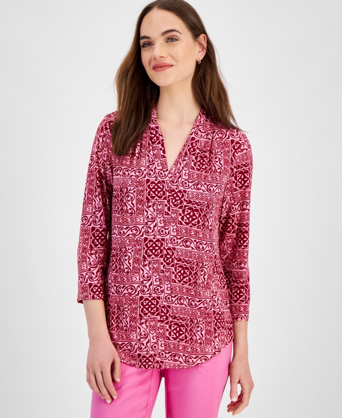 Jm Collection Womens 3/4 Sleeve Printed Pleated-Neck Top, Created for Macys Product Image