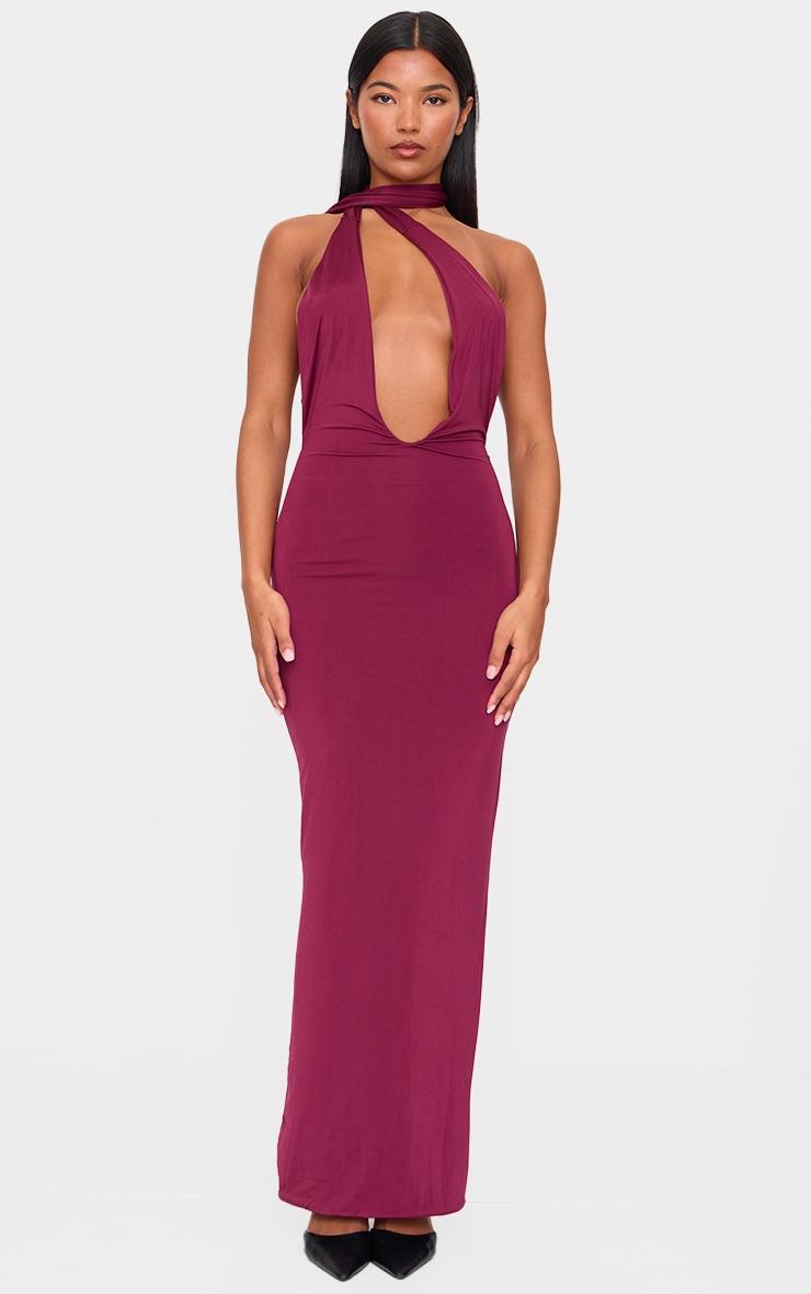 Burgundy Double Layer Slinky Wrap Neck Maxi Dress Product Image