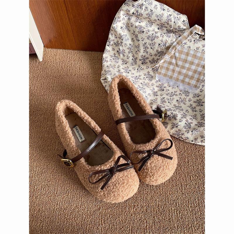 Round Toe Bow Fleece Mary Jane Flats Product Image