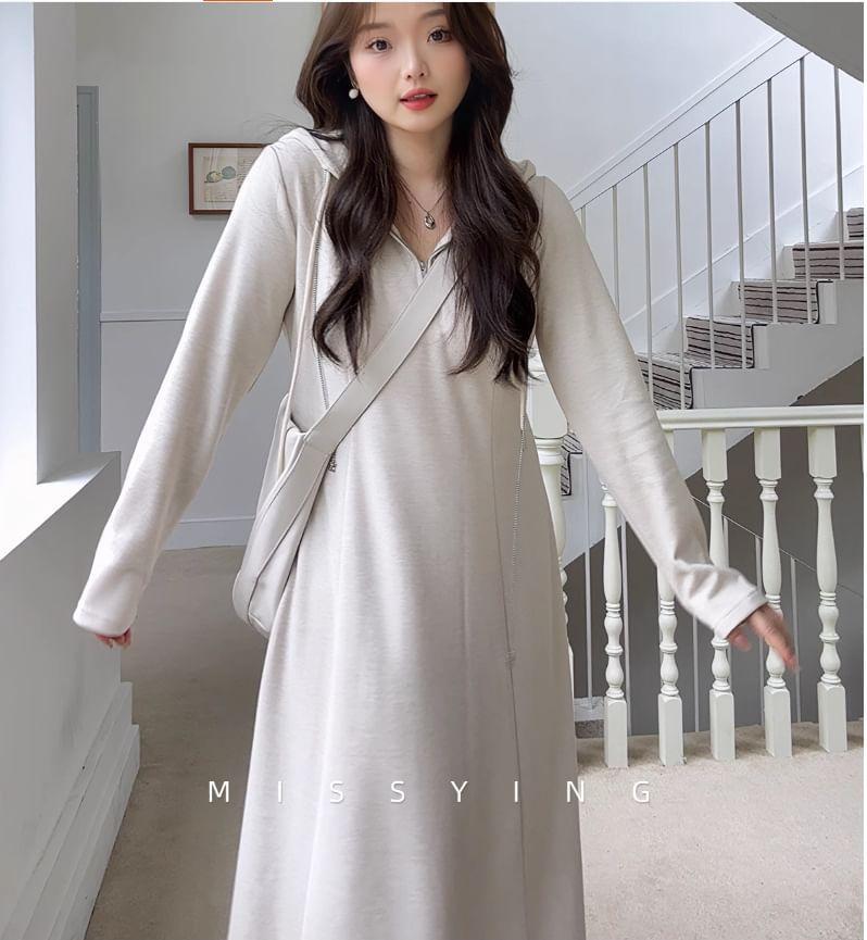 Long Sleeve Plain Hood Half Zip Midi A-Line Dress Product Image