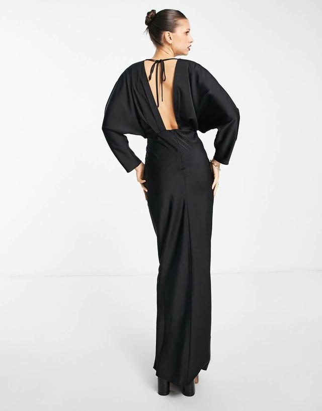 ASOS DESIGN satin pleated plunge maxi dress with open back in black Product Image