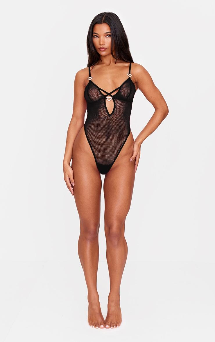 Black Fishnet Diamante Heart Lingerie Bodysuit Product Image