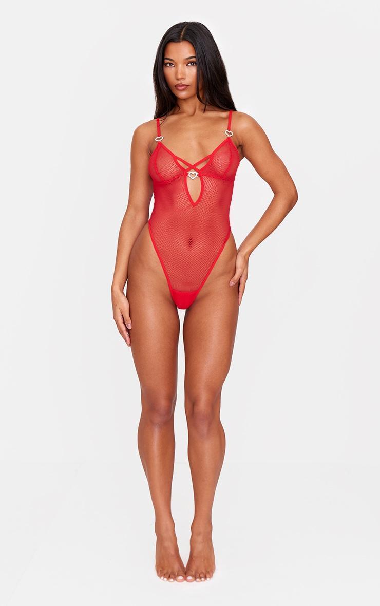 Red Fishnet Diamante Heart Lingerie Bodysuit Product Image