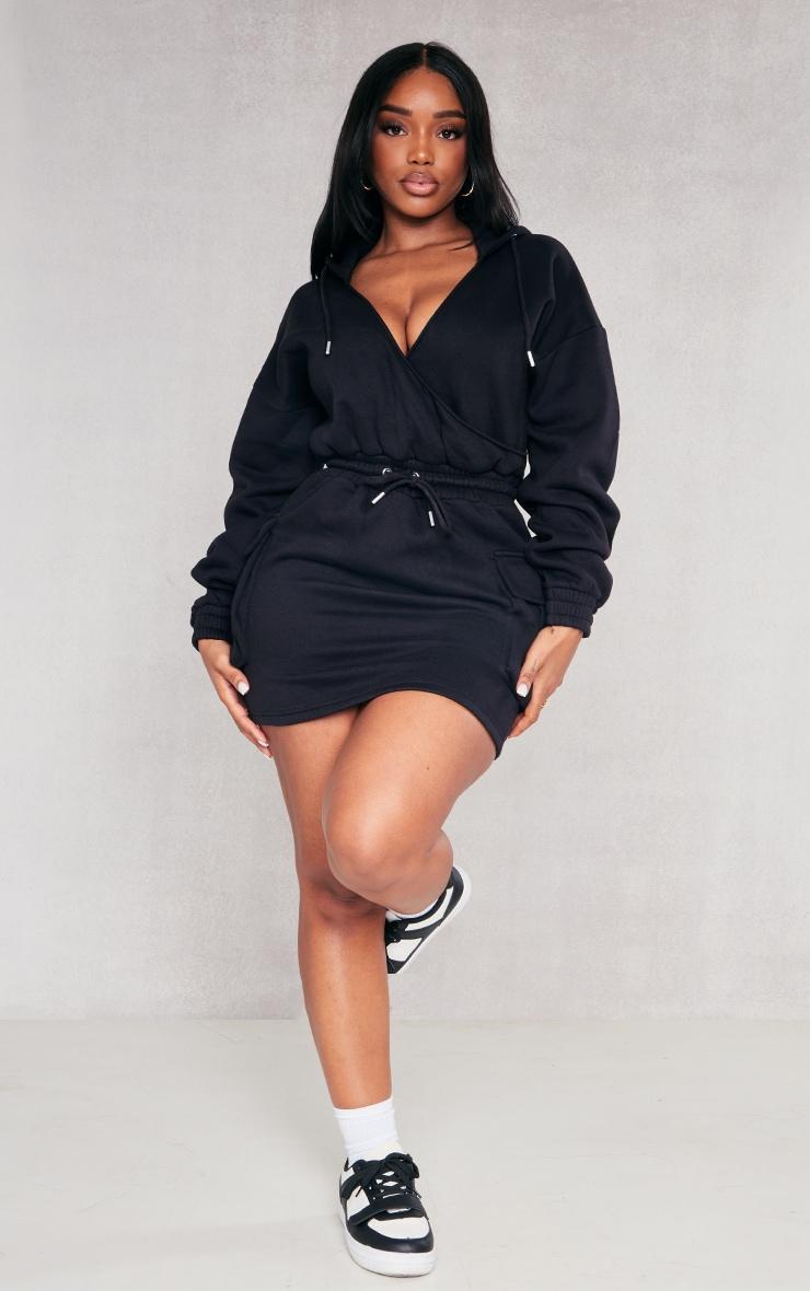 Shape Black Plunge Wrap Utility Pocket Sweatshirt Dress Product Image