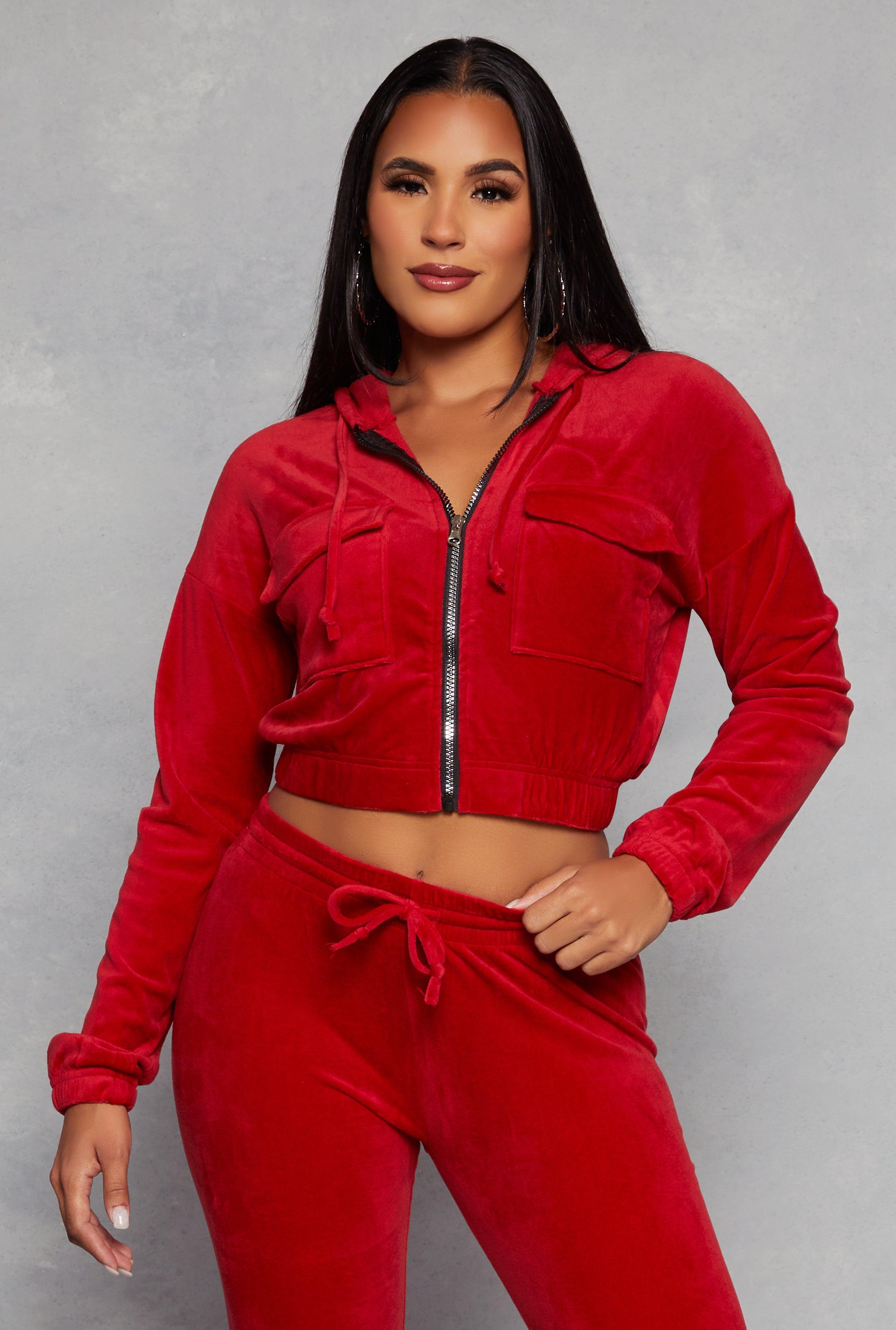 Womens Velour Flap Pocket Zip Front Cropped Hoodie Product Image