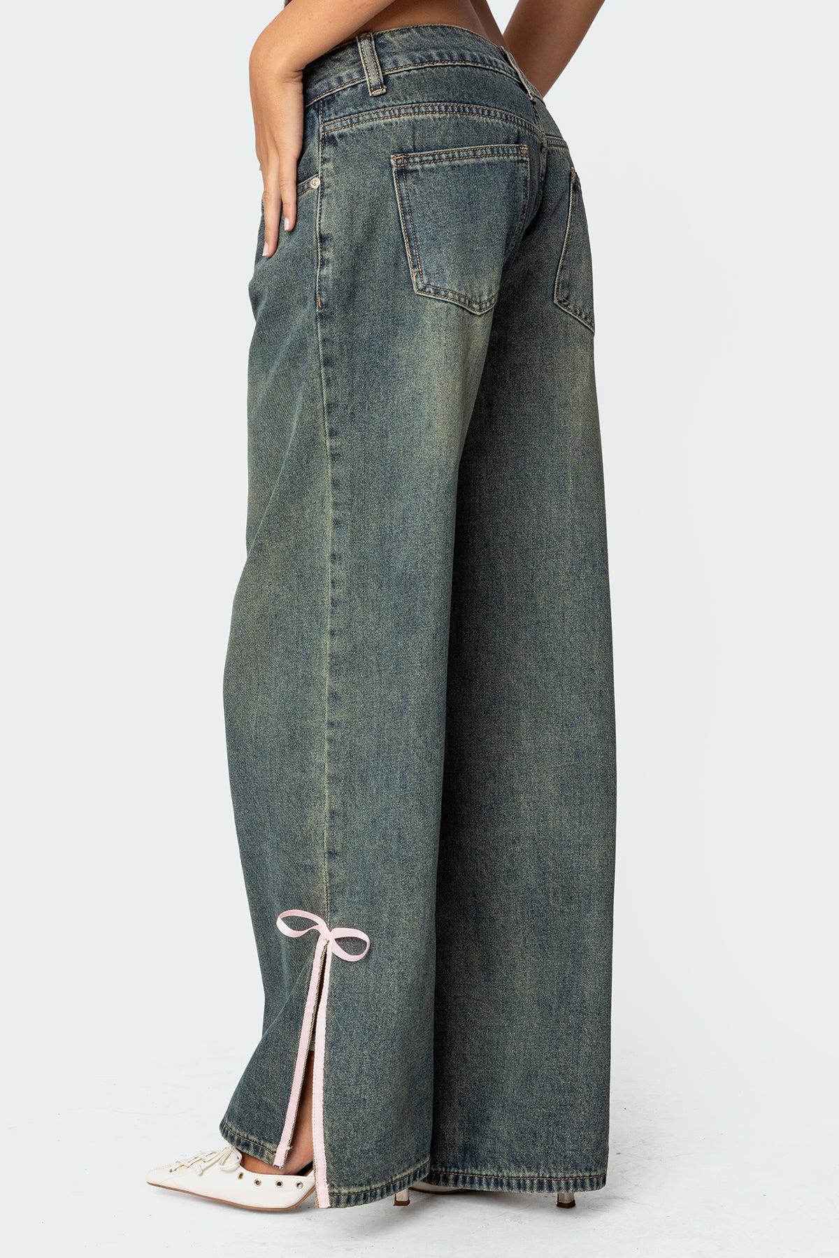 Bow Slitted Vintage Washed Jeans Product Image