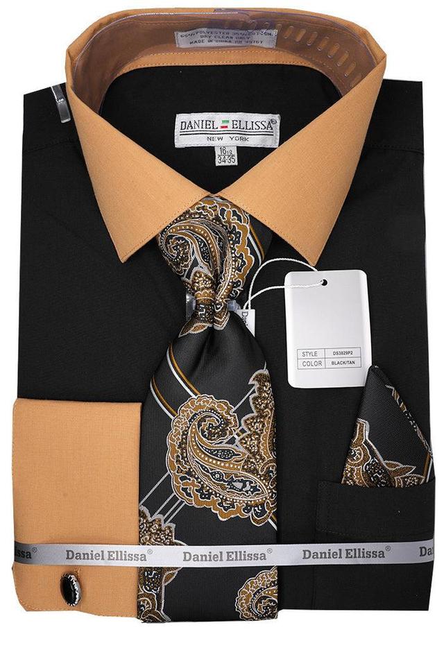 Black Taupe French Cuff Dress Shirt Set with Tie and Handkerchief Product Image